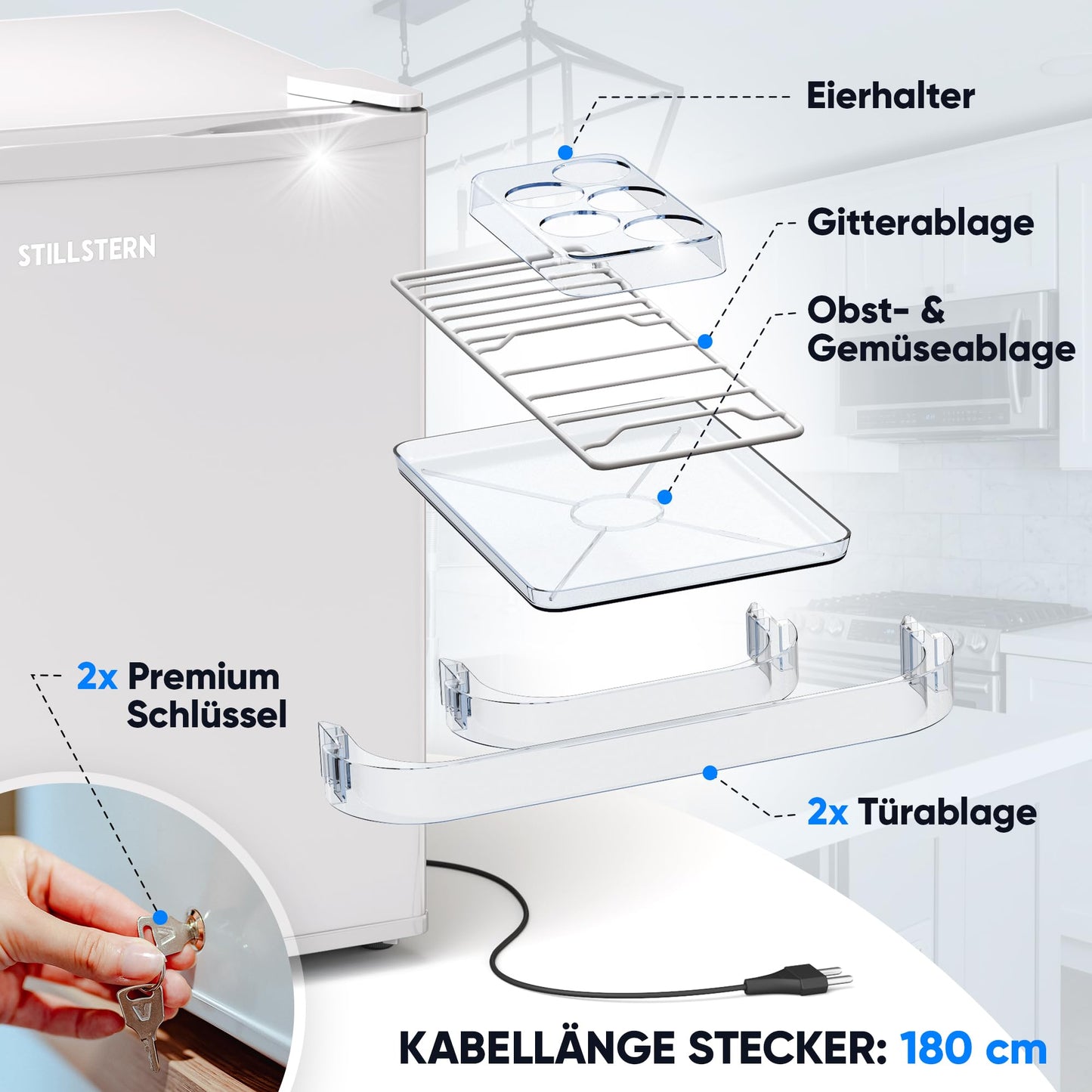 Stillstern Mini Fridge 45L with defrost function, lock, freezer compartment, quiet operation, ideal for kitchen, office, bedroom, hotels, and small apartments. Small refrigerator, minibar, beverage cooler in white.