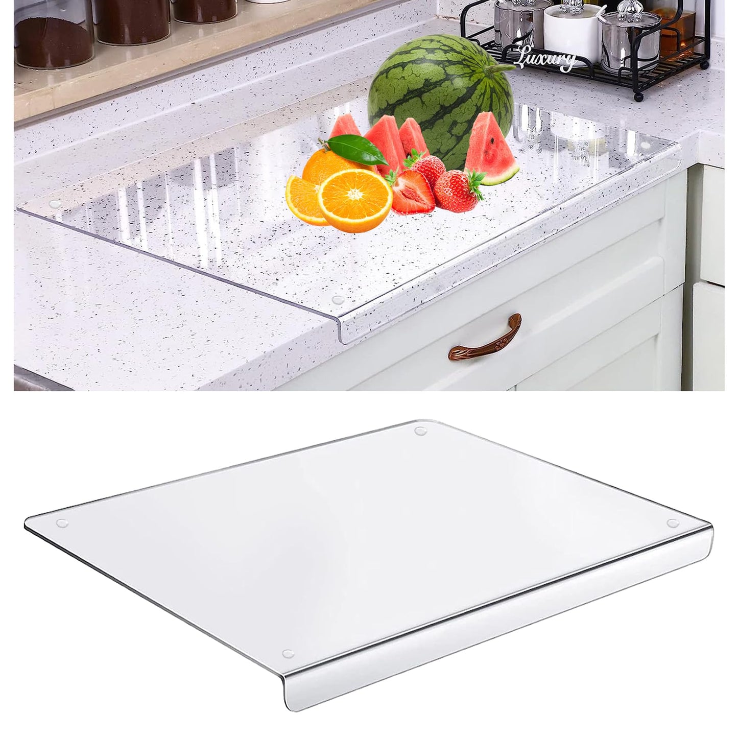 Acrylic cutting board, 5mm Acrylic cutting board with stop edge, 45cm x 35cm clear cutting board for kitchen counter, non-slip transparent acrylic cutting board with lip.