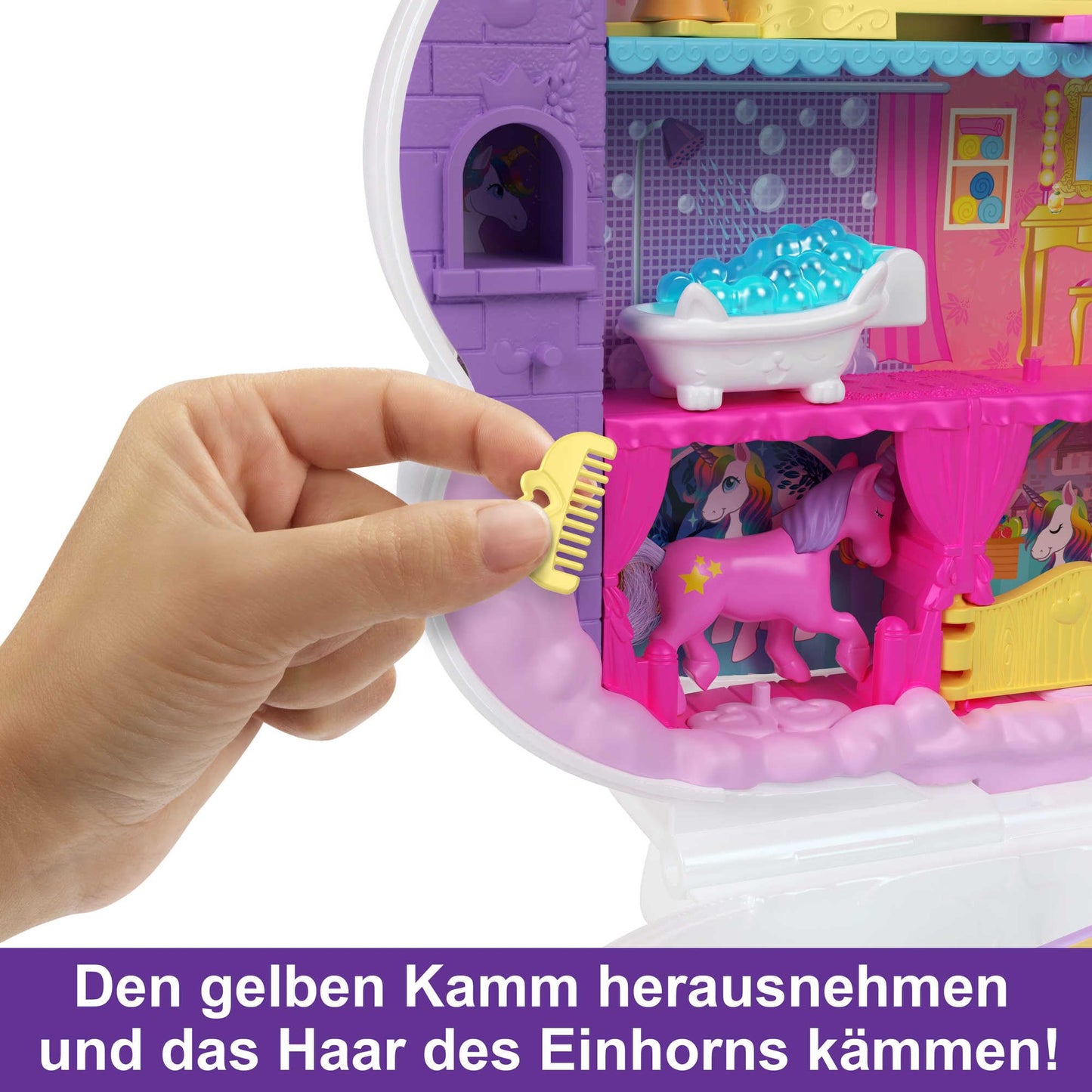 Polly Pocket HMX18 - Mini toy, Rainbow Unicorn Salon Styling Head and Compact Playset with 2 small dolls, 25 accessories, and movable game elements. Dolls toy for ages 4 and up.