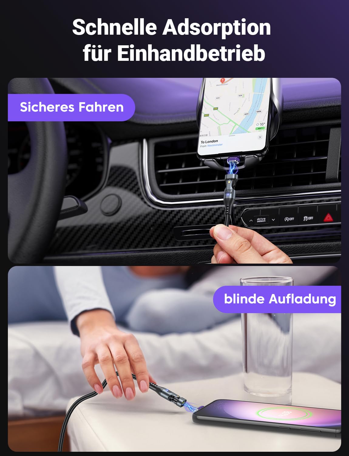 AUFU 60W Magnetic USB C Charging Cable, 16 PIN USB C Magnetic Charging Cable [2 Pack 2M], Magnetic Cable 20V/3A Fast Charging and Data Transfer Magnetic 180° Rotatable for iPhone 16 15/Galaxy Samsung S23