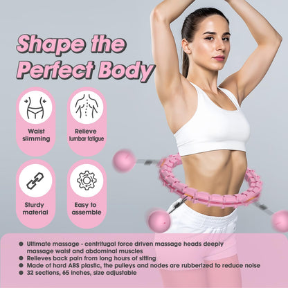 Smart hoop for adults with weighted ball, ultra quiet hula hoop for weight loss with 32 detachable segments, hula hoop for weight loss max waist circumference 165cm (pink)