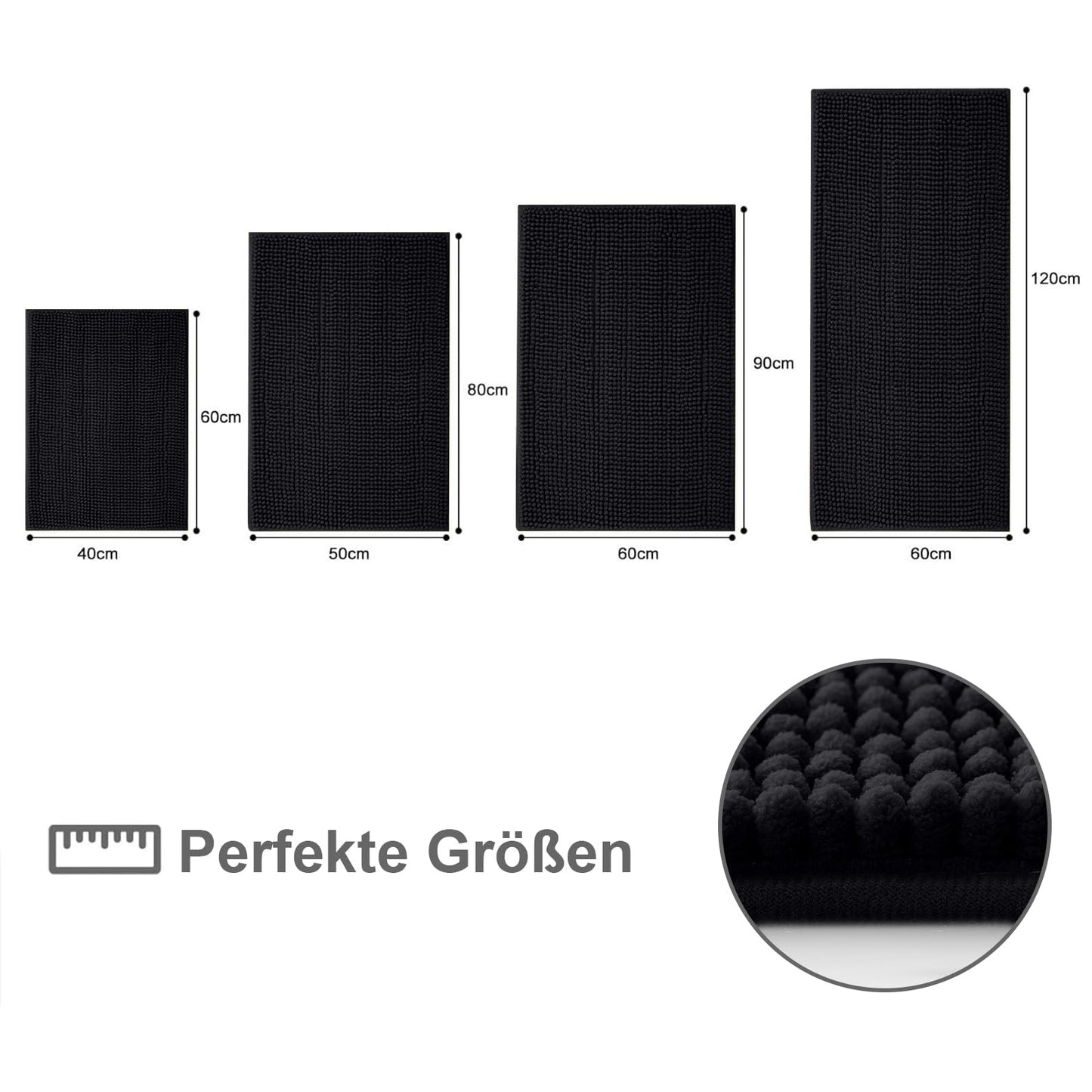 OLANLY Chenille Bath Mat Non-Slip Bathroom Mat Soft Bath Rug Absorbent Bath Mat Washable Shower Mat for Bathroom, 50 x 80 cm, Black