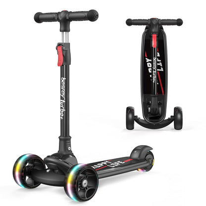 Besrey Kids Scooter, the safe tricycle scooter with PU LED light-up wheels, foldable adjustable height, lightweight with weight capacity up to 50 kg, suitable for toddler boys and girls.