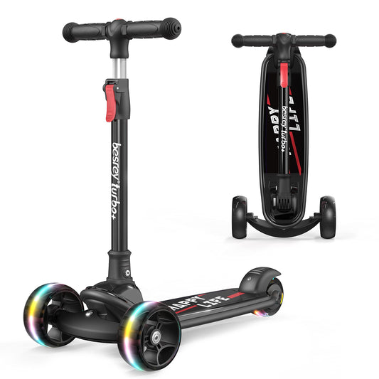 Besrey Kids Scooter, the safe tricycle scooter with PU LED light-up wheels, foldable adjustable height, lightweight with weight capacity up to 50 kg, suitable for toddler boys and girls.