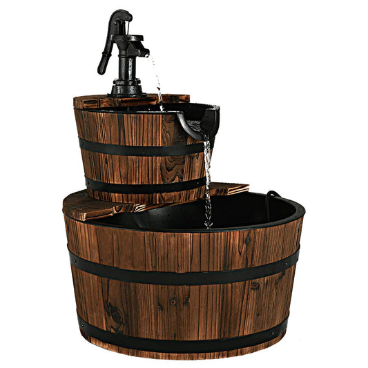 COSTWAY Wooden Fountain, Garden Fountain with Pump, Wood Barrel Ornamental Fountain, for Garden Lawn Terrace Backyard, Fountain Garden Decoration, Brown, Ø 44.5 x 61 cm