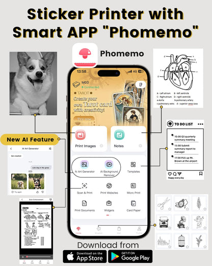 Phomemo M03 Sticker Printer, Mini Printer for Smartphone Portable Thermal Printer, 53 and 80mm Instant Print, Compatible with Mobile Phones and Tablets, for Study, Photos, Scrapbooking, Stickers - White