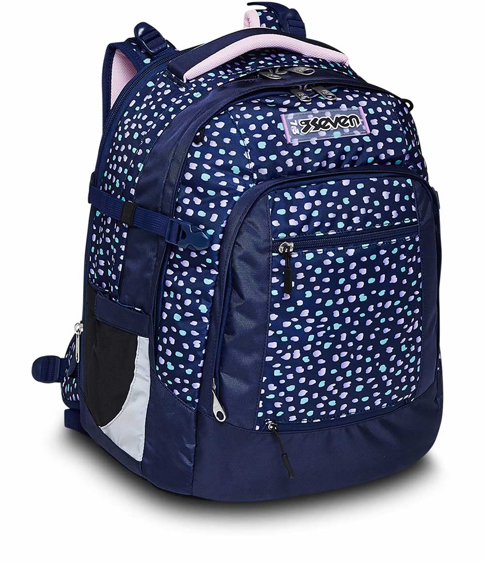 Seven school backpack: ergonomic & expandable, with multiple compartments, school bag for girls & boys; sustainable fabric, with height adjustment system, perfect for high school & school, UPDOWN TWICE CHARMING PATCH