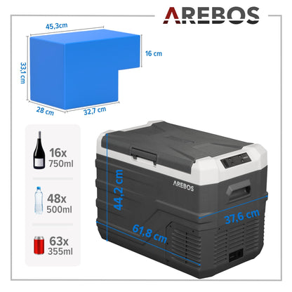 Arebos Compressor Cooler Box 35 liters | Electric Freezer Box with APP & Smart Control | Portable Cooler with USB connection | up to -20 °C | 12/24 V 230V | for Car, Truck, Camping, Boat, RV