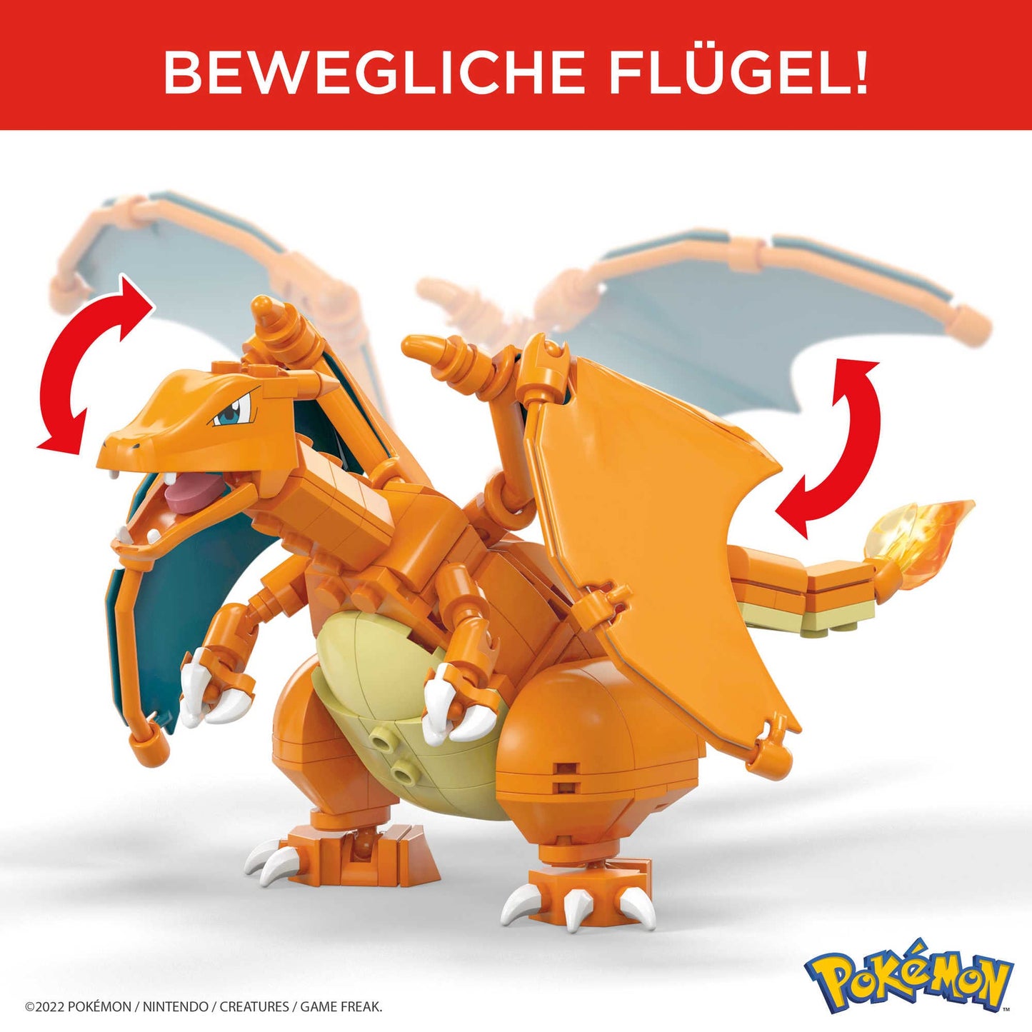 Mega Charizard Pokémon figure with 223 pieces to build, featuring movable wings and a Pokéball pen. Suitable for ages 6 and up. GWY77.