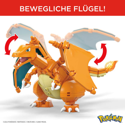 Mega Charizard Pokémon figure with 223 pieces to build, featuring movable wings and a Pokéball pen. Suitable for ages 6 and up. GWY77.