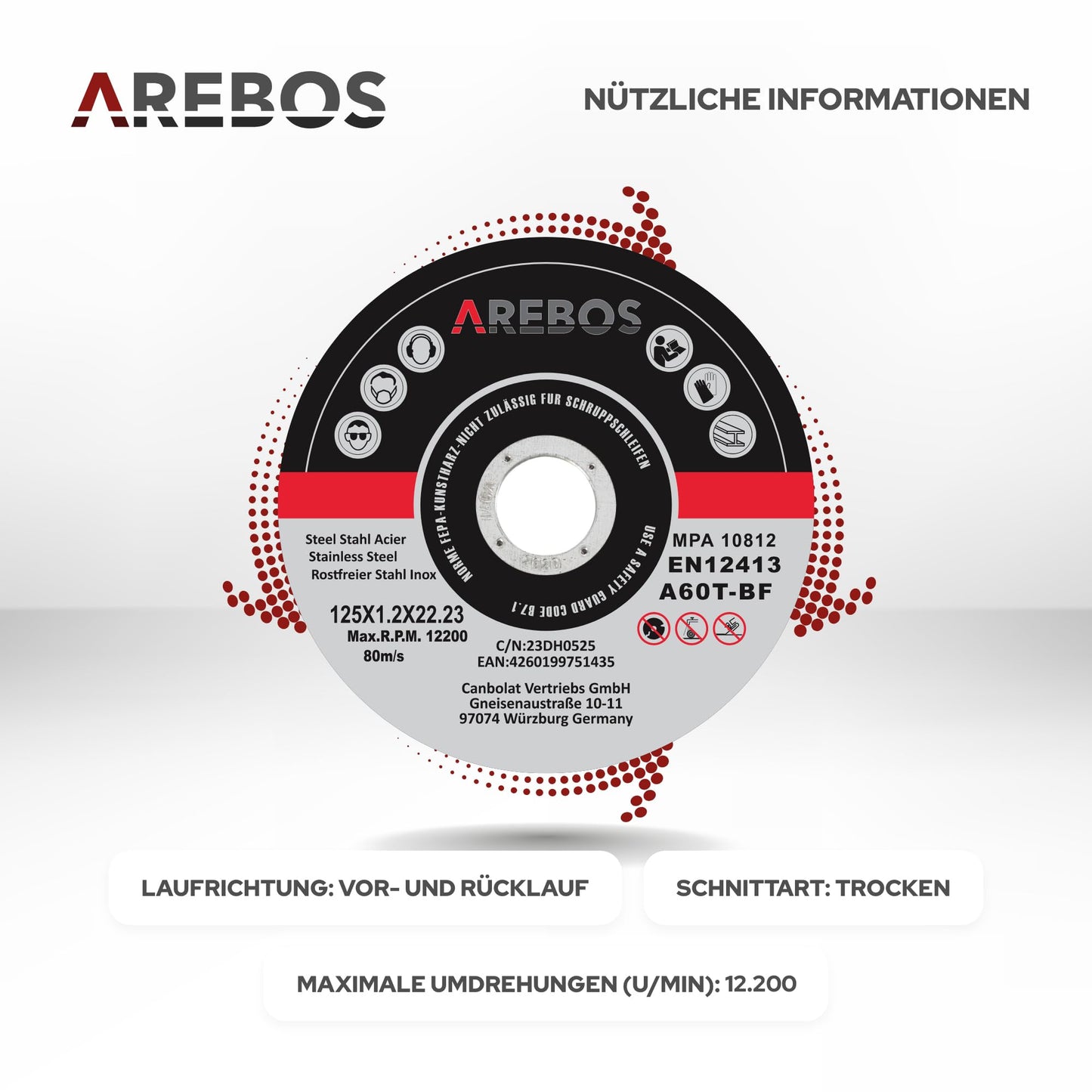 Arebos cutting discs Ø 125 mm, 400 pieces | suitable for steel, stainless steel, inox, iron, sheet metal, metal | Forward and reverse rotation | EN 12413 | certified by the Material Testing Institute (MPA)