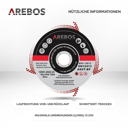 Arebos cutting discs Ø 125 mm, 400 pieces | suitable for steel, stainless steel, inox, iron, sheet metal, metal | Forward and reverse rotation | EN 12413 | certified by the Material Testing Institute (MPA)