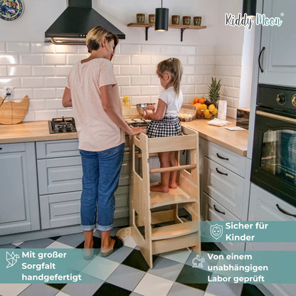 KiddyMoon Learning Tower for Children from 1 Year, Anti-Tip Protection, Height Adjustable (3 Levels), Montessori Learning Tower, Kitchen Helper, Highest Safety, Including Assembly Accessories, Model ST-003, Gray