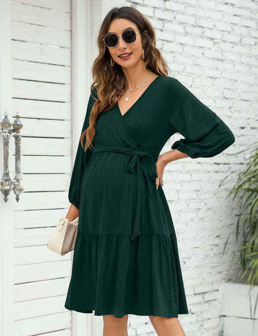 KOJOOIN Women's Maternity Dresses V-Neck 3/4 Sleeve Ruffle Pregnancy Dresses with Belt Dark Green (3/4 Sleeve) M