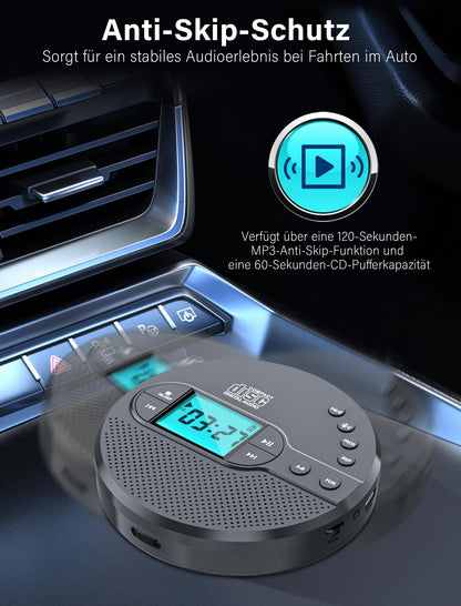 Discman CD player with Bluetooth FM transmitter, headphones, LCD screen, AUX, built-in speaker, USB connection, 2000mAh rechargeable portable CD player with anti-skip protection.