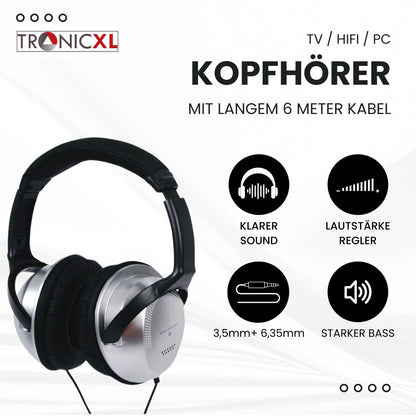 TronicXL TV headphones headband headphones with 6m long cable. Stereo TV headphones for TV, PC, HiFi with 3.5mm jack and 6.35mm plug. Wired, long cable.