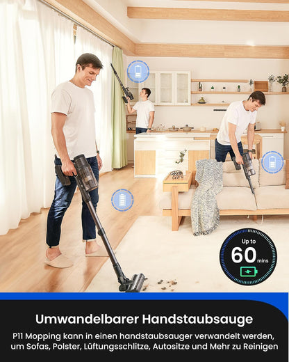 Proscenic P11 Cordless Vacuum Cleaner with Mopping Function, 45KPA-550W-60Min Battery Vacuum Cleaner, Vacuuming and Mopping, Anti-Tangle for Carpet, Hard Floors, Curtains, Pet Hair