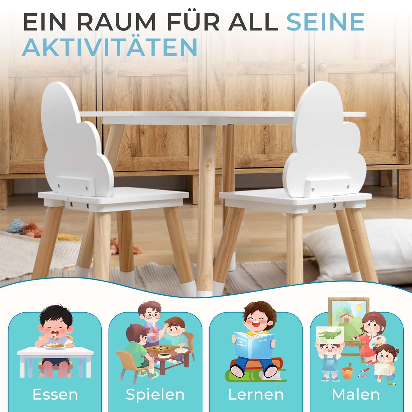 Rebecca Mobili Children's Table and Chairs Set, Chairs and Table for Kids' Room Furniture Light Brown White, MDF, Nordic Style - Size: 44 x 60 x 60 cm / 50 x 25 x 25 cm - Art. RE6733