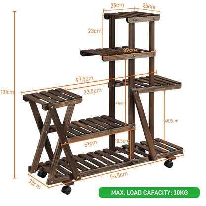 Yaheetech wooden plant stand with wheels, plant shelf, balcony flower rack, wooden flower bench, multi-tiered, 97.5 x 33 x 101cm.