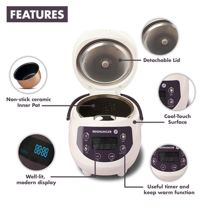 REISHUNGER Digital Rice Cooker Small, White | 0.6 L for 3 people | Keep Warm Function, Timer & Premium Pot | Small Multi-Cooker & Steamer, 8 Programs, 7-Phase Technology