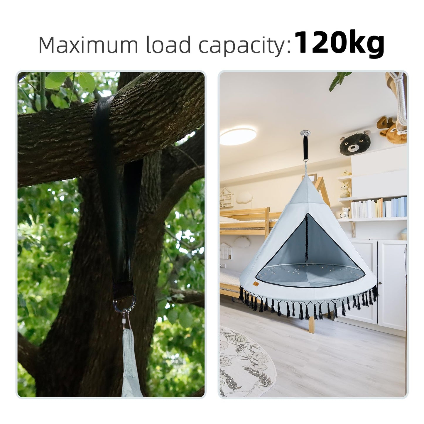 CCLIFE Nest Swing with Tent Ø 120 cm Swing Indoor & Outdoor Hanging Cave Hanging tent for Kids & Adults Max. 120kg in Grey
