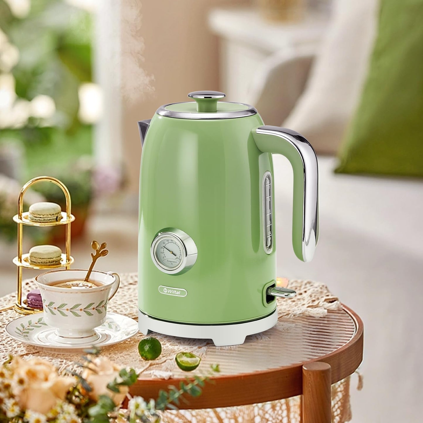 Wiltal kettle [1.7L, 2200W], retro green, stainless steel, toaster kettle set Retro (water temperature display in retro design, external water level indicator) Vintage tea maker...