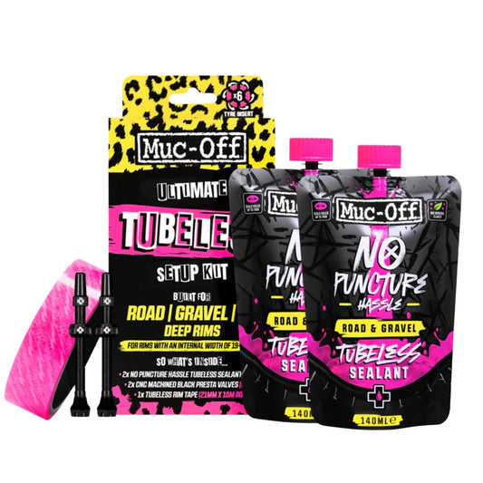 Muc-Off Ultimate Tubeless Kit setup for tubeless-ready bikes, road/gravel/CX 60 mm - includes rim tape, bike patch kit, tubeless valves, and tire sealant.