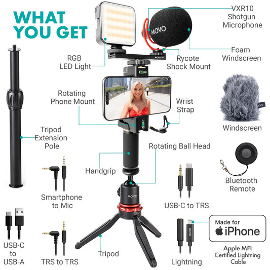 Movo iVlogger-PRO Vlogging Kit for iPhone/Android - YouTube Starter Kit for Content Creators - Accessories: Phone Tripod, Phone Mount, RGB Light, and VXR10 Shotgun Microphone.