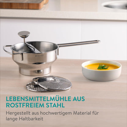 Navaris stainless steel food mill with 3x sieve inserts - perfect for soups, jams, baby food, and sauces. Includes 3 sieve inserts and a durable stainless steel design.