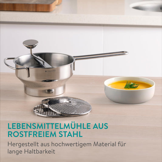 Navaris stainless steel food mill with 3x sieve inserts - perfect for soups, jams, baby food, and sauces. Includes 3 sieve inserts and a durable stainless steel design.