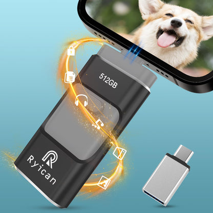USB Stick for Phone Ryican 512GB storage stick for iOS Password-protected files 4 in 1 USB 3.0 Photostick Pendrive USB C for OTG Android/Laptop/PC/Pad, Data Transfer with one click (512G, Black)