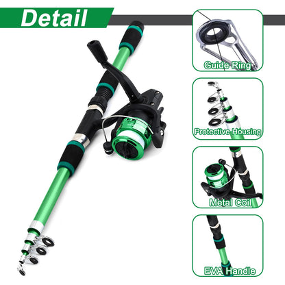 Kids fishing rod set, 1.8m beginner fishing rod for kids with reel and bait set, carbon fiber telescopic rod and reel, fishing gear for kids aged 3-10 (Green)
