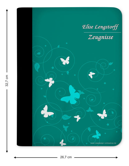 CreaDesign customizes A4 folder for kids 26.7x32.7x1 cm, with 10 clear pockets, expandable to 20, Butterfly Petrol design, document holder for students.