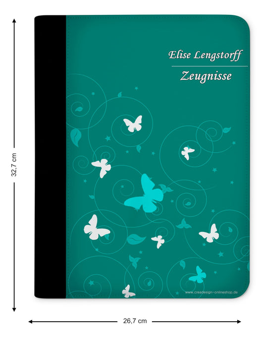 CreaDesign customizes A4 folder for kids 26.7x32.7x1 cm, with 10 clear pockets, expandable to 20, Butterfly Petrol design, document holder for students.