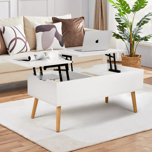 VOWNER Coffee Table, Adjustable Height, Extendable, Retractable, Separate Hidden Storage, Double Lift Top, Living Room Table, White.