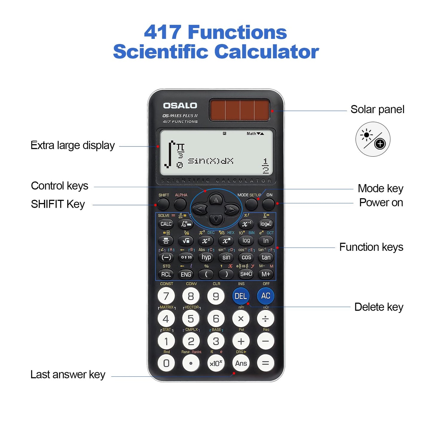 OSALO Scientific Calculator 417 Function 10+2 Digits Written Display Solar and Battery Calculator Protective Case for School Black (OS 991ES Plus 2nd Edition)