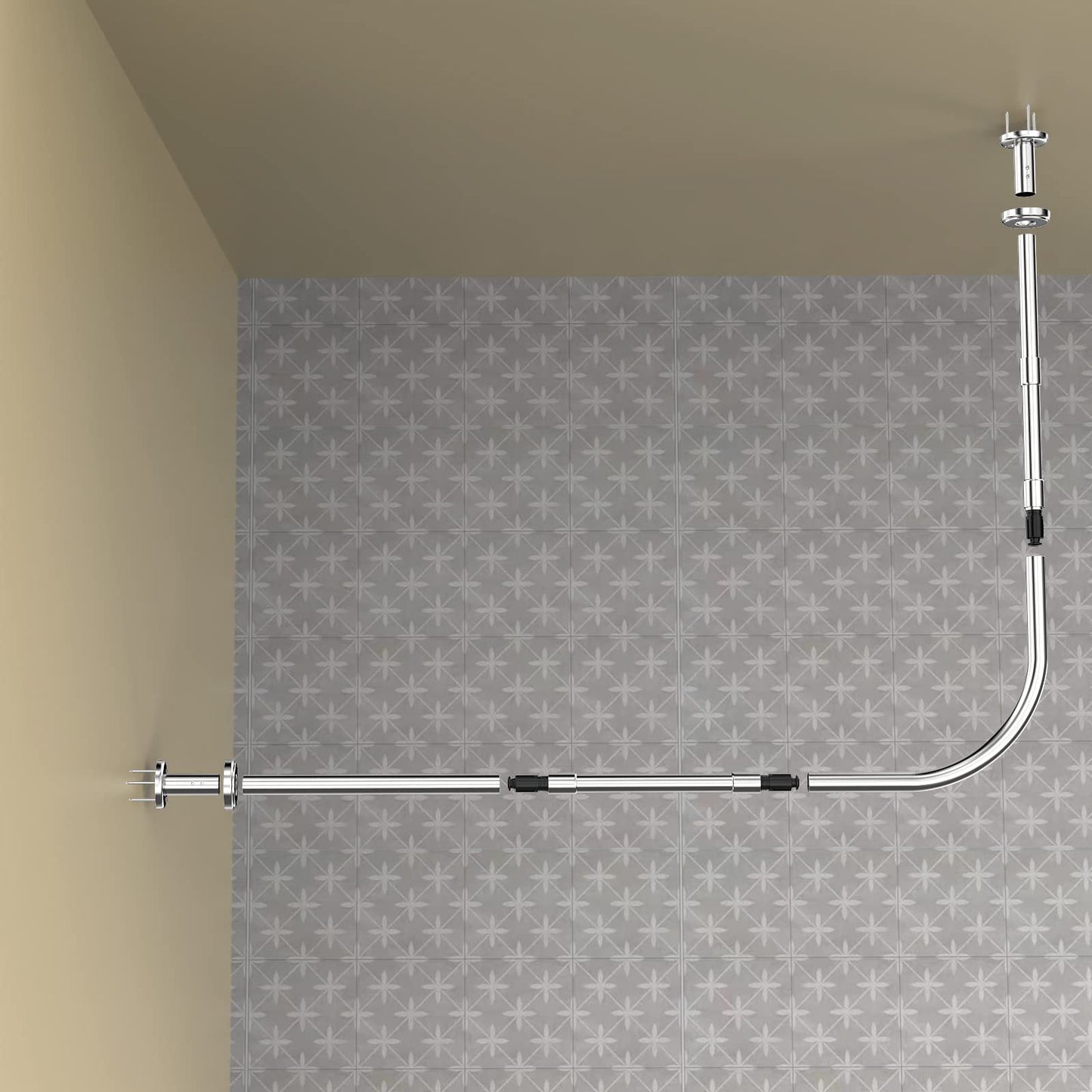 L-Shaped Shower Curtain Rod - Expandable stainless steel shower curtain rod (70-100x90-120cm) with 24 rings. Ideal for bathrooms, bathtubs, and dressing rooms. Drilling required.