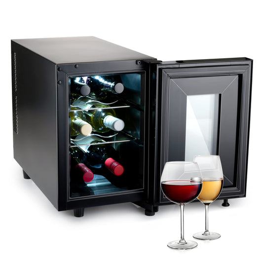 Alpina Wine Cooler 18L - Cooler for 6 bottles - Bottle chiller 230V - Temperature adjustable from 11°C to 18°C - Glass door and interior lighting - Low noise to silent operation - Black