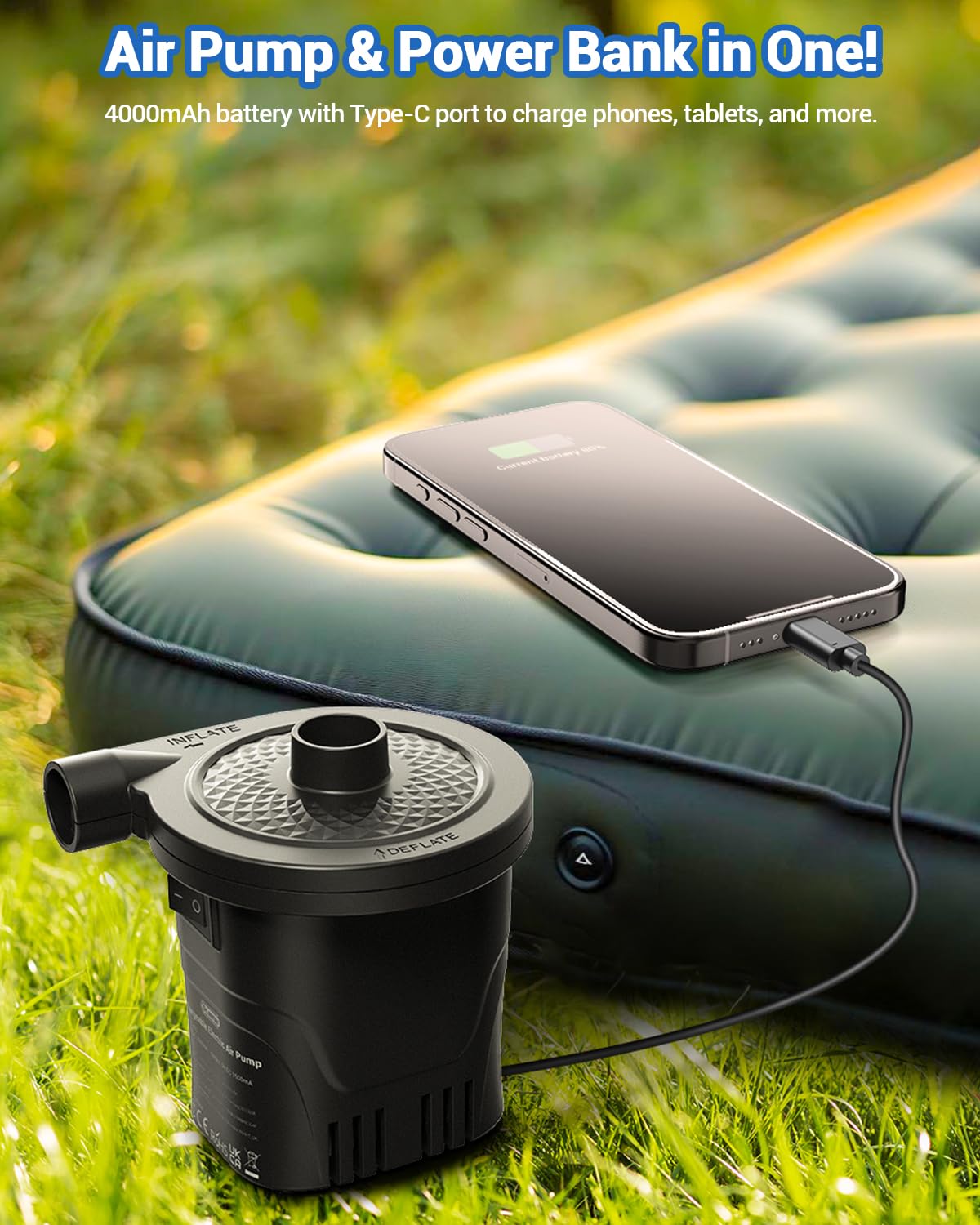 Electric air pump, Dr.meter 4000mAh rechargeable battery air pump 2 in 1 portability air pump air mattress with 3 nozzles for outdoor camping, air mattress, inflatable boat, and kiddie pool.