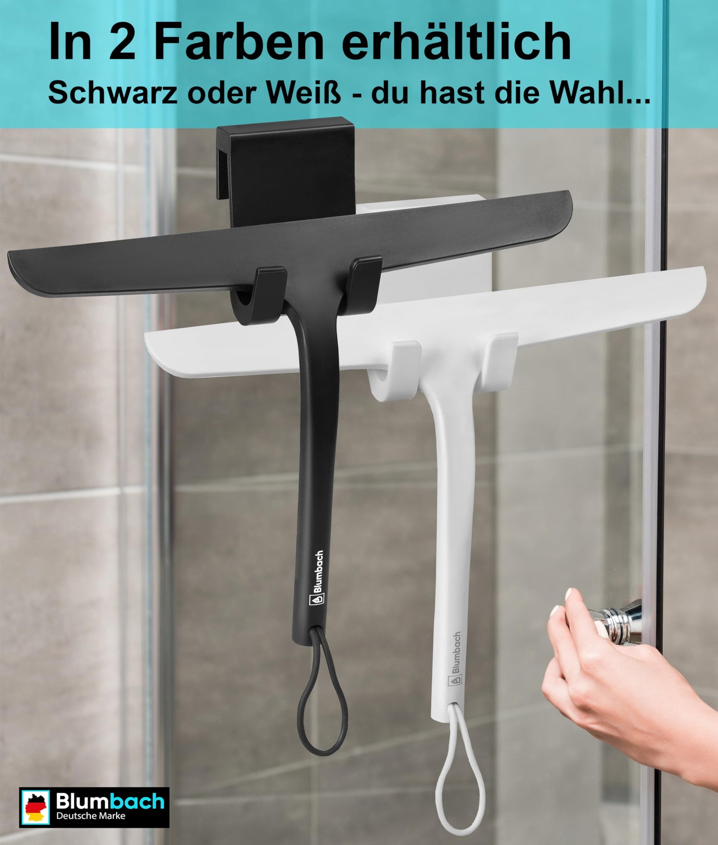 BLUMBACH® Shower Squeegee black, squeegee shower with holder 28 cm wide, window squeegee silicone with stainless steel core, shower squeegee wiper, shower wall squeegee, shower squeegee, glass squeegee.