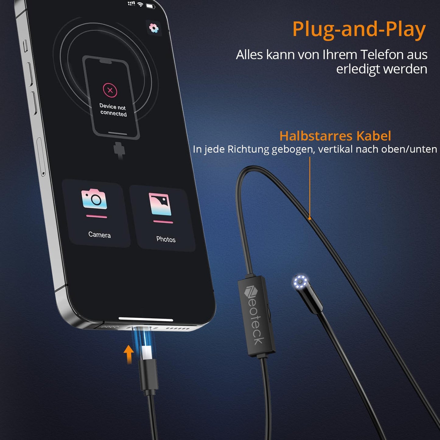 Neoteck Endoscope Camera 1920P HD Snake Inspection Camera Waterproof with 8 LED Lights Inspection Camera Pipe Camera for Android and iOS Smartphone (5M)