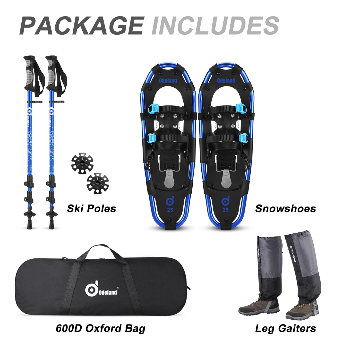 Odoland snowshoes with climbing aid Allround 4 IN 1 for women and men with hiking poles, waterproof gaiters and carrying bag, from shoe size 30 INCH Blue