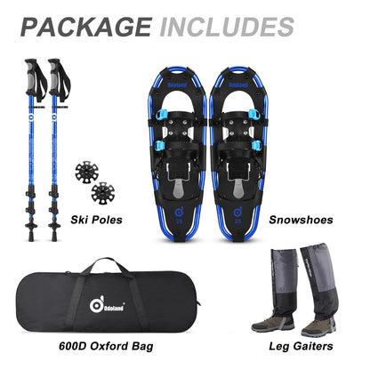 Odoland snowshoes with climbing aid Allround 4 IN 1 for women and men with hiking poles, waterproof gaiters and carrying bag, from shoe size 30 INCH Blue
