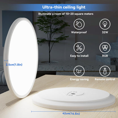 Pleasure 42cm LED ceiling light dimmable with remote control, 32W 4000K/RGB ceiling lamp color changing LED panel with night light, ultra-thin round LED lamp for children's room bedroom kitchen living room balcony.