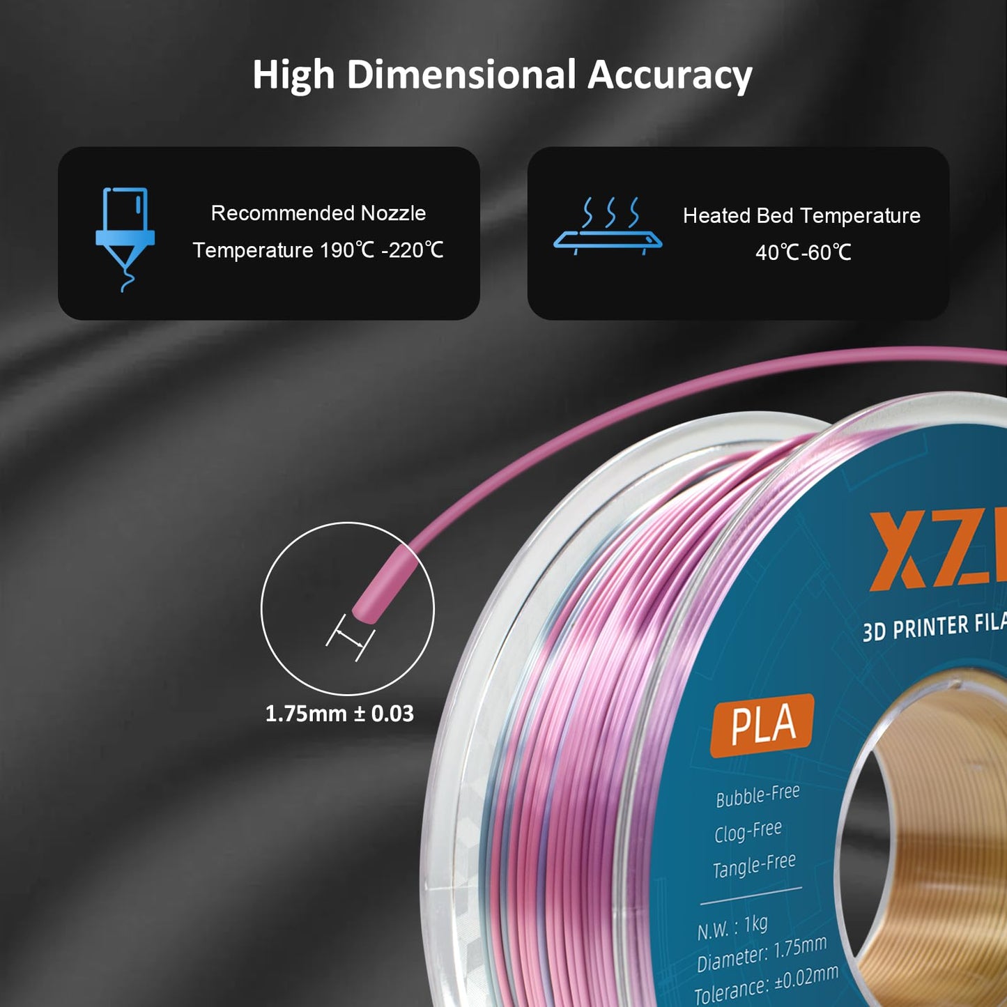 XZN PLA Filament 1.75mm Silk PLA 3D Printer Filament, Accuracy +/- 0.03mm, Silk PLA 1KG Spool, Silk Rainbow.