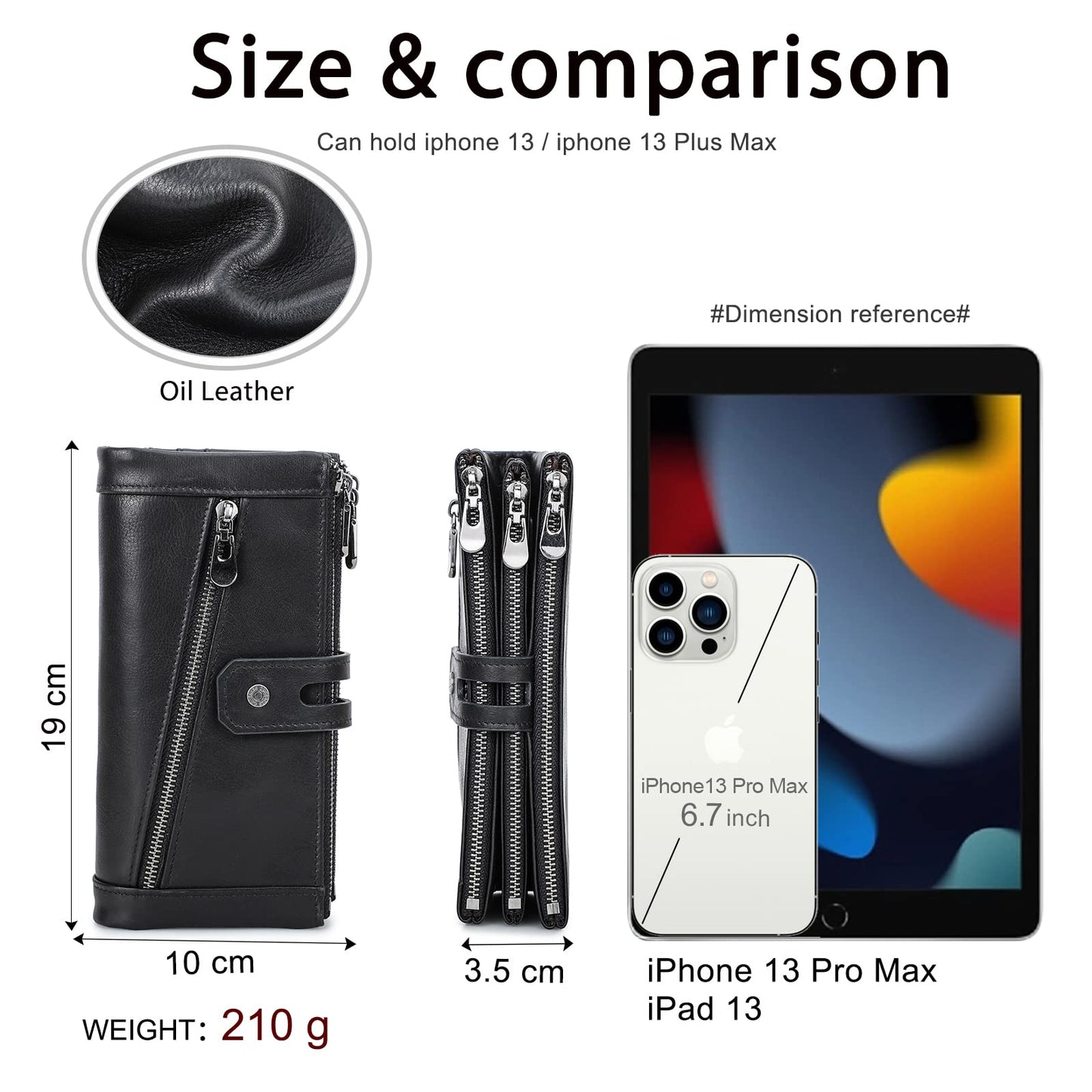 CONTACTS RFID Women's Zipper Wallet-Lady Card Coin Holder Phone Clutch Purse Genuine Leather (Black)