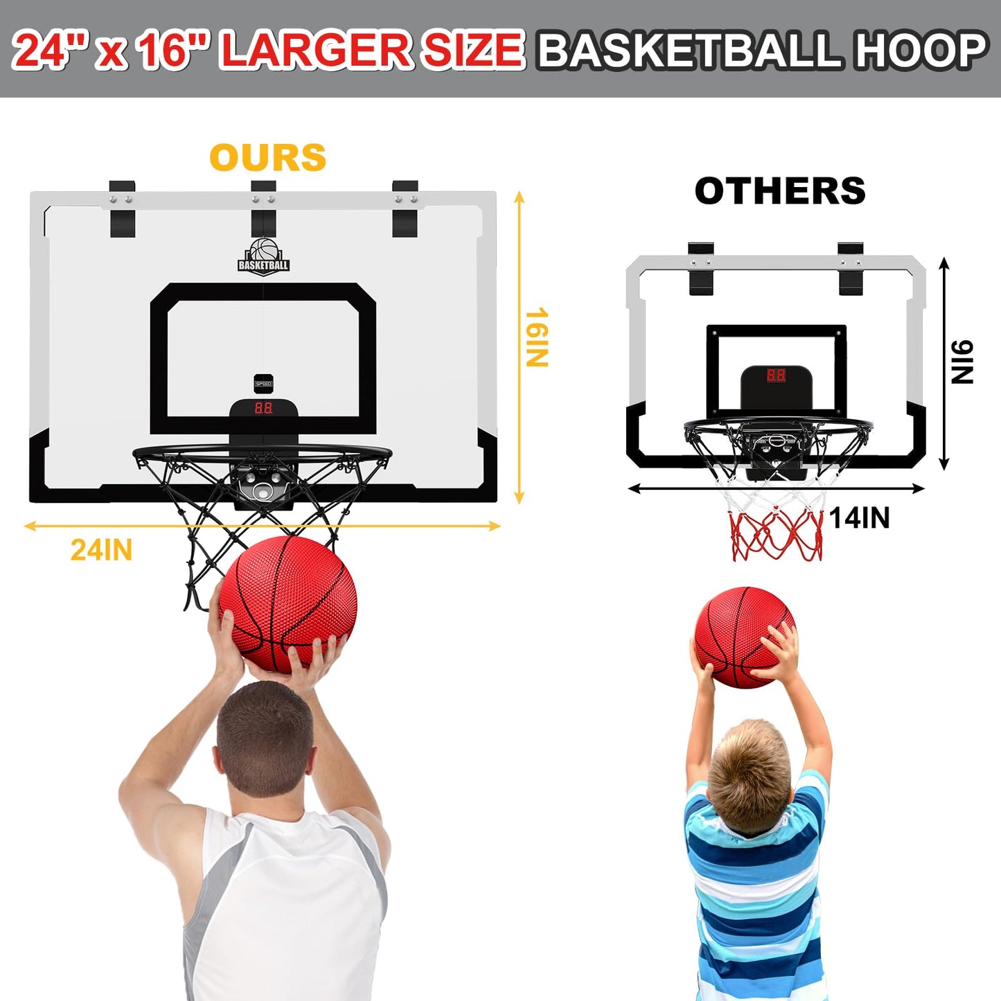 HYES 24" x 16" Large Basketball Hoop Indoor for Kids, Basketball Hoop with Scorer, 2 Balls, Pump, Big Basketball Toy for Adults Kids Teens Boys Girls (black with Scorer)