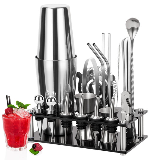 Cinnani Boston Cocktail Set 20-piece - Professional Mixing Set with Stand and Bar Accessories - Shaker and Bartender Set made of Stainless Steel - Gift Set