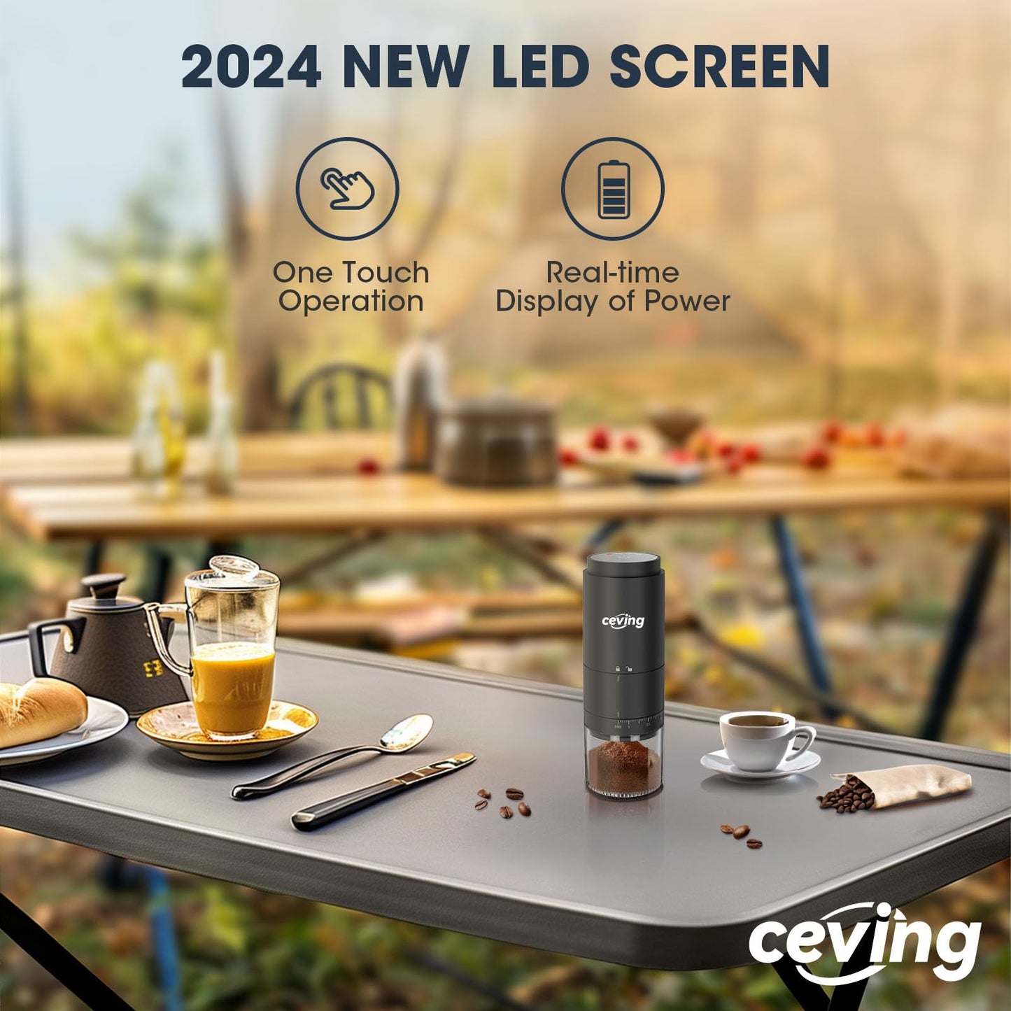 Portable battery-operated burr coffee grinder with 38 adjustable grind settings, rechargeable coffee grinder with LED display, wireless coffee grinder for travel, camping, office, espresso, pour over, etc.