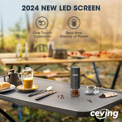 Portable battery-operated burr coffee grinder with 38 adjustable grind settings, rechargeable coffee grinder with LED display, wireless coffee grinder for travel, camping, office, espresso, pour over, etc.